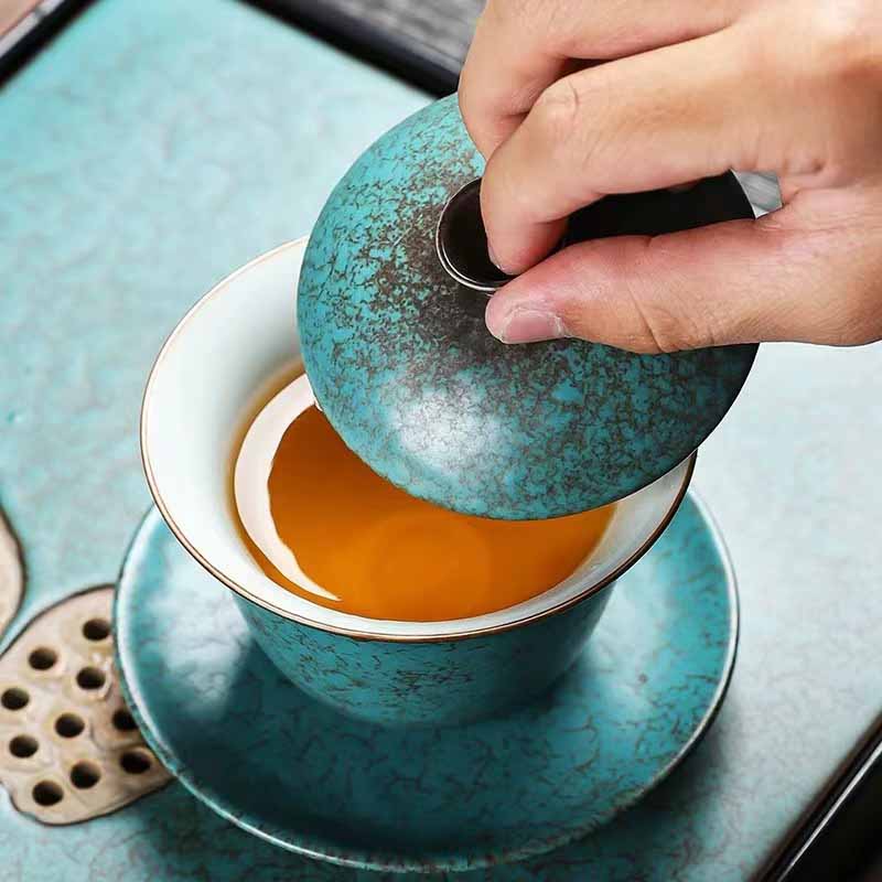 Buddha Stones Traditional Pine Tree Green Ceramic Gaiwan Sancai Teacup Kung Fu Tea Cup And Saucer With Lid Cup BS 3