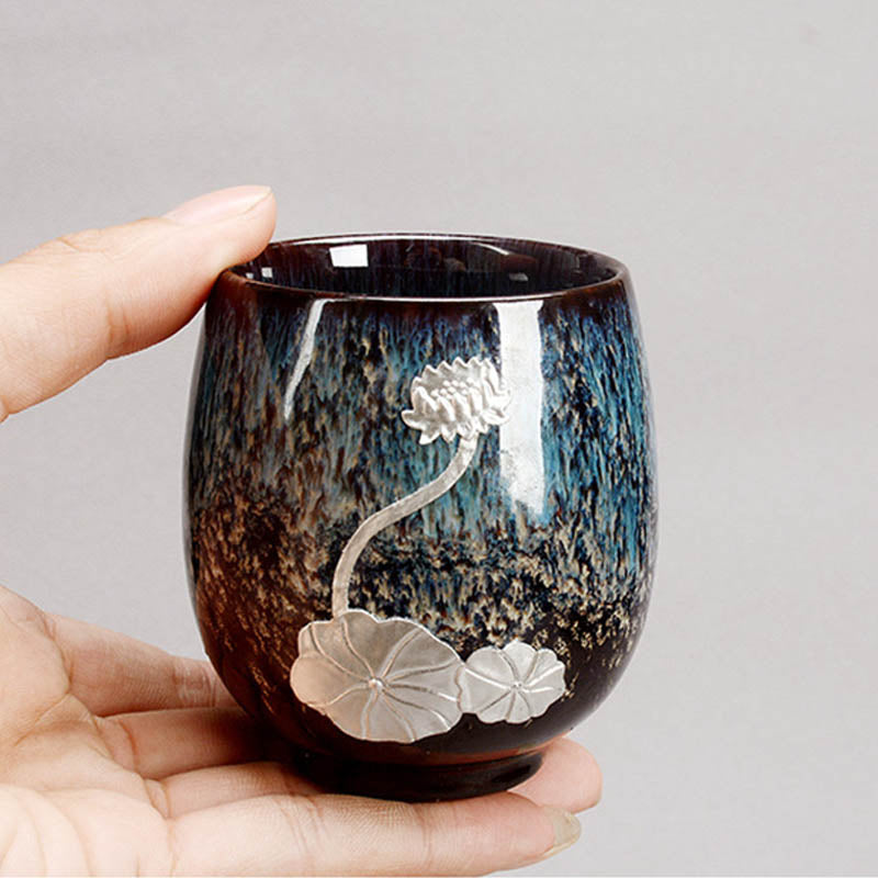Buddha Stones Silver Lotus Flower Leaf Chinese Jianzhan Ceramic Teacup Kung Fu Tea Cup 150ml Jian Zhan Tea Cup BS 3