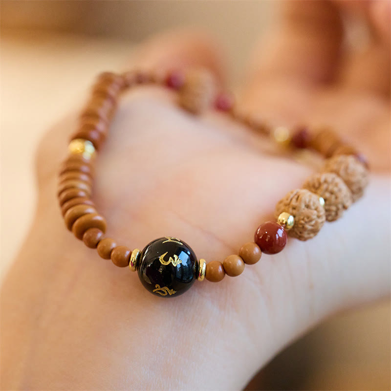 Buddha Stones Tibetan Bodhi Seed Black Onyx Smoky Quartz Om Mani Padme Hum Fu Character Wealth Bracelet Bracelet BS 2