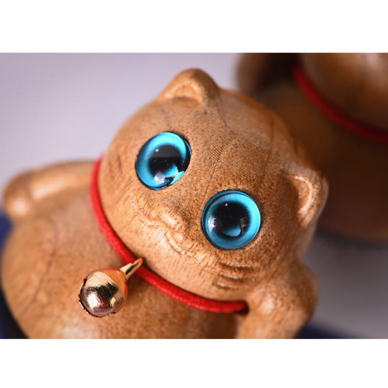 Buddha Stones Mini Lucky Cat Kitten Phoebe Zhennan Wood Blessing Decoration Decorations BS 20