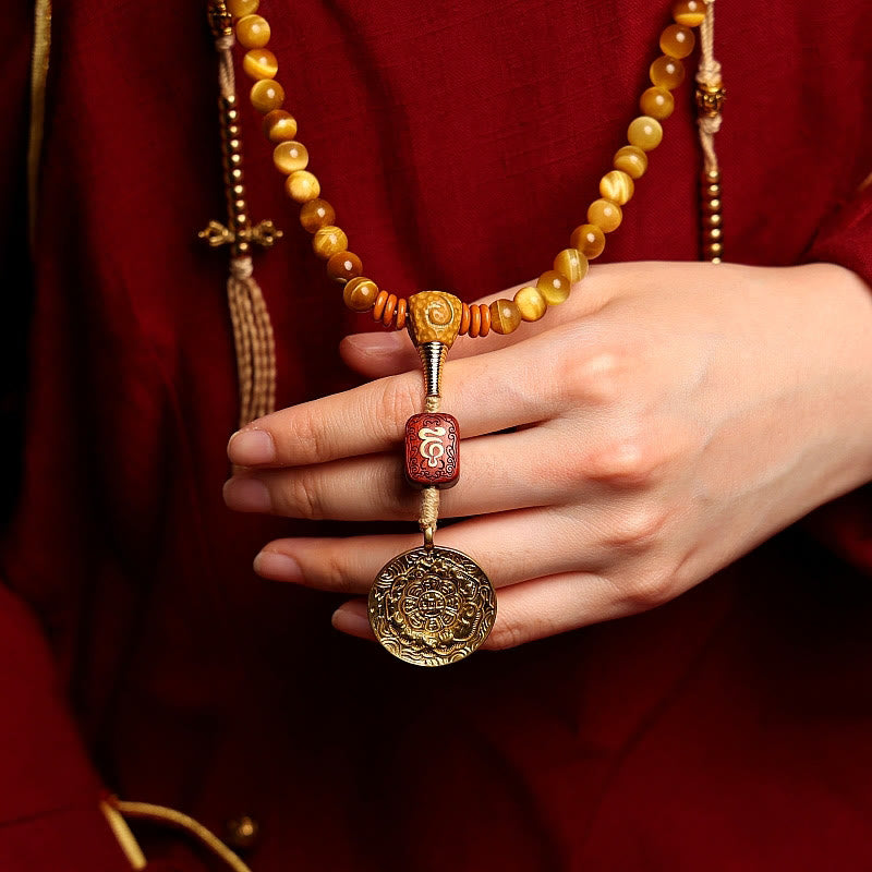 Buddha Stones 108 Mala Beads Natural Tiger Eye Copper Dorje Protection Tassel Bracelet Mala Bracelet BS 7