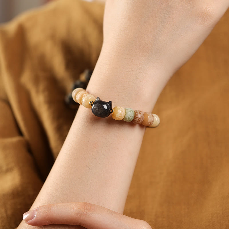 Buddha Stones Bodhi Seed Silver Sheen Obsidian Cat Head Om Mani Padme Hum Engraved Harmony Bracelet Bracelet BS 2