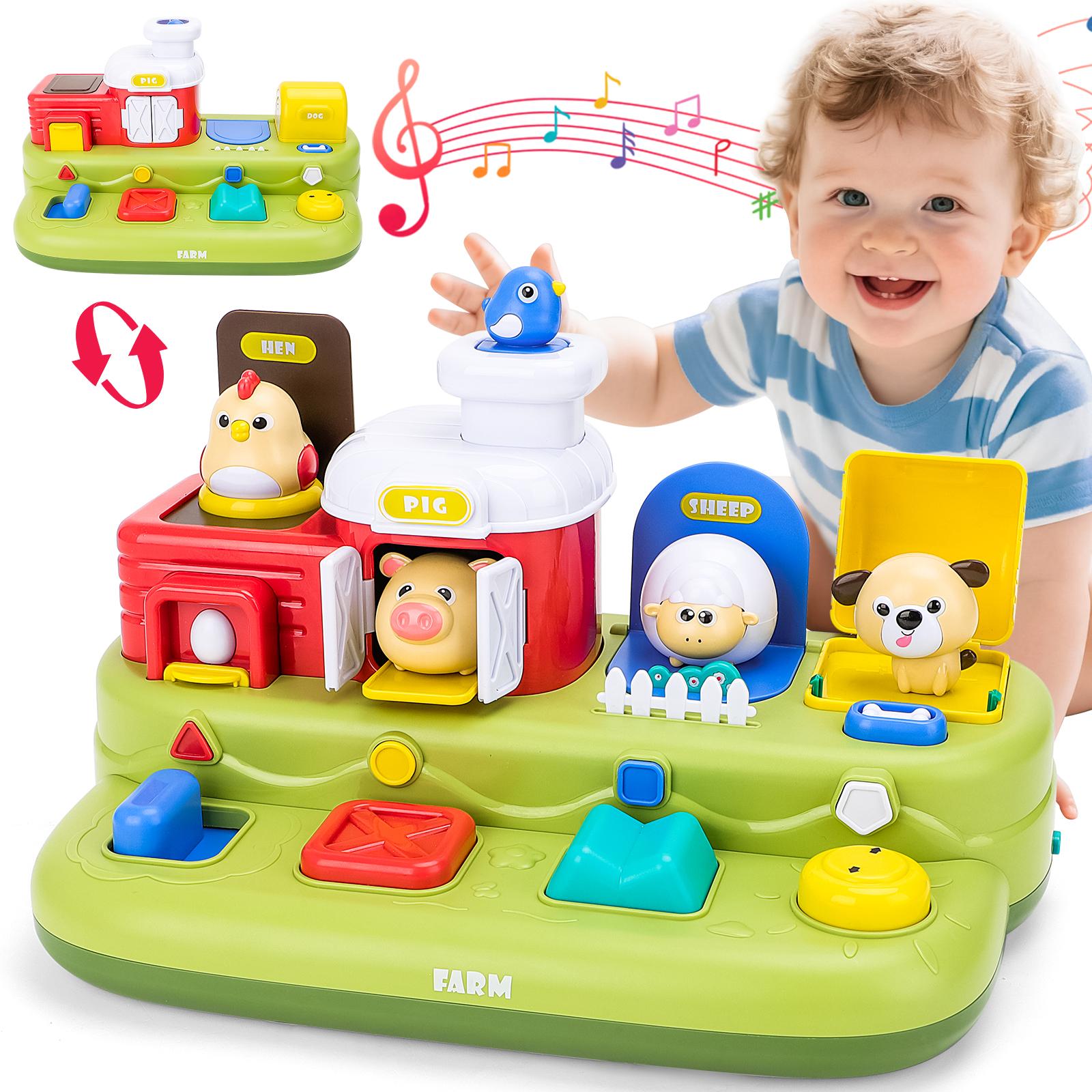 Farm Animal Pop-Up Activity Toy with Music and Sounds Interactive Baby Toddler Sensory Learning Playset Push Press Flip Turn Buttons Educational Gift for Ages 12M+