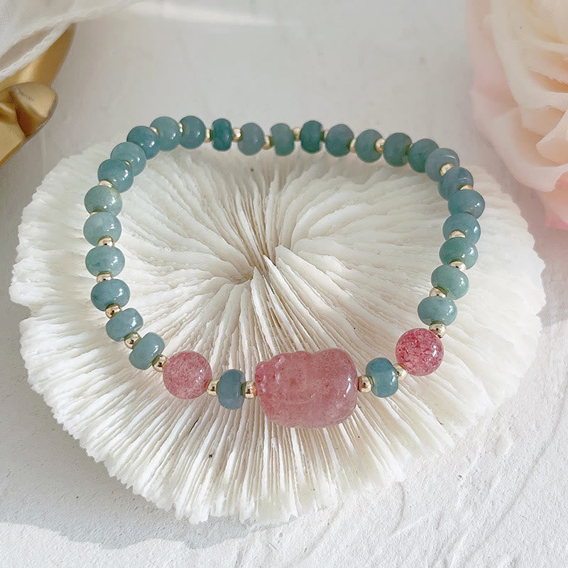 Buddha Stones Natural Hetian Jade Pearl Peace Buckle Fu Character Gourd Money Bag Strawberry Quartz PiXiu Luck Bracelet Bracelet BS Hetian Jade Strawberry Quartz PiXiu