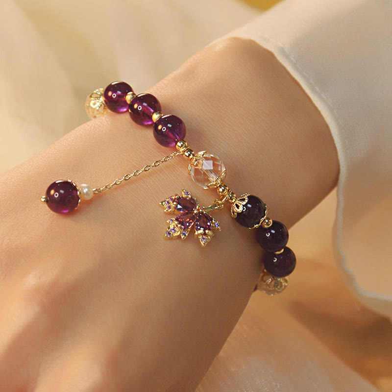 Buddha Stones 14k Gold Plated Natural Amethyst Healing Maple Leaf Charm Bracelet Bracelet BS 3