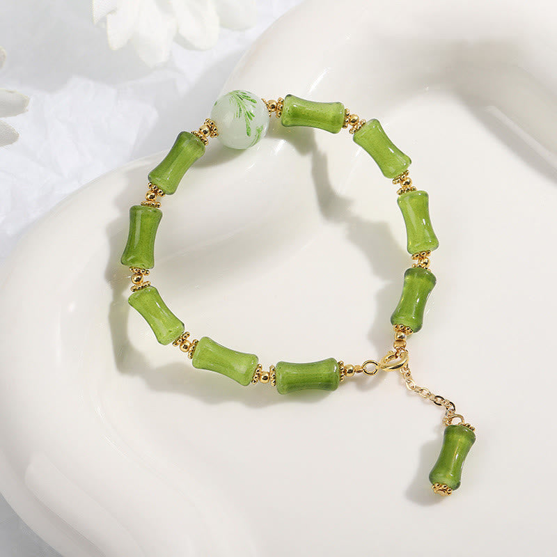 Buddha Stones Green Bamboo Pattern Liuli Crystal Moss Agate Wealth Chain Bracelet Bracelet BS 1