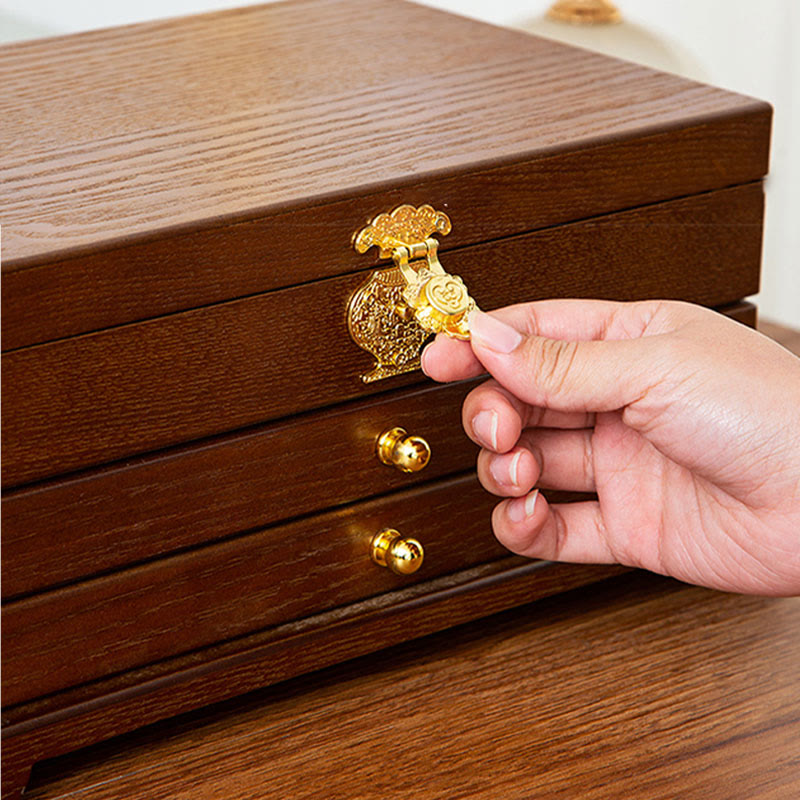 Buddha Stones Retro Wooden Jewelry Box Three-Layer Jewelry Storage Box Jewelry Box BS 8