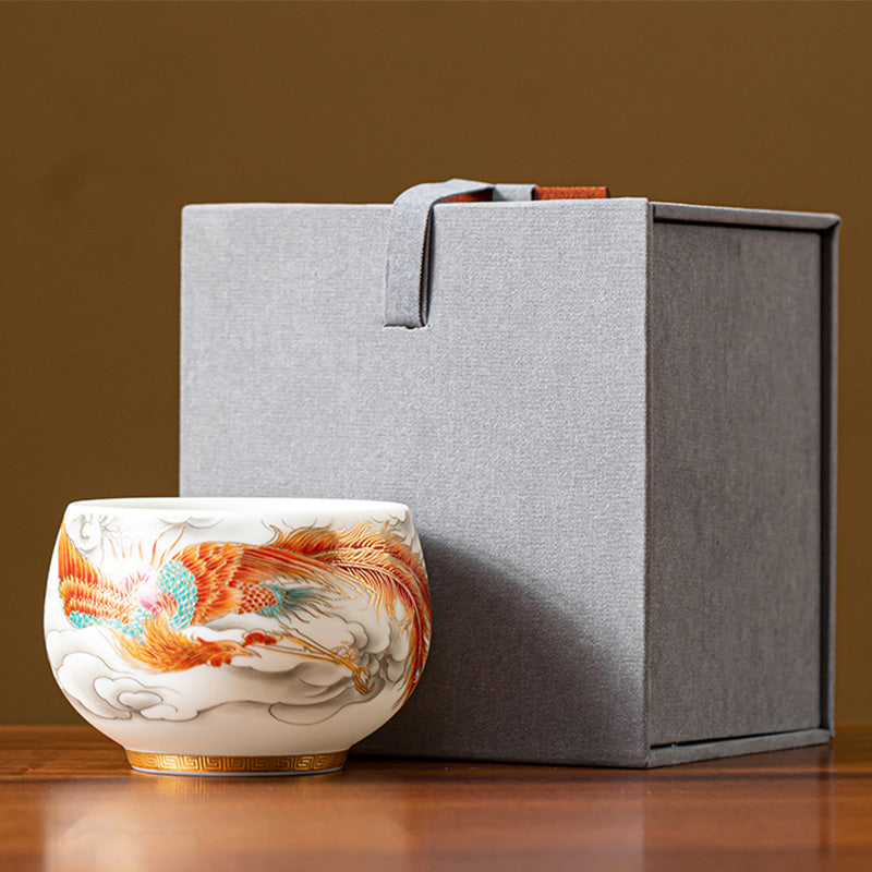 Buddha Stones Dragon Phoenix Auspicious Clouds Ceramic Teacup Kung Fu Tea Cup With Gift Box Cup BS Red Phoenix 7.8cm*6cm*175ml(Gift Box)