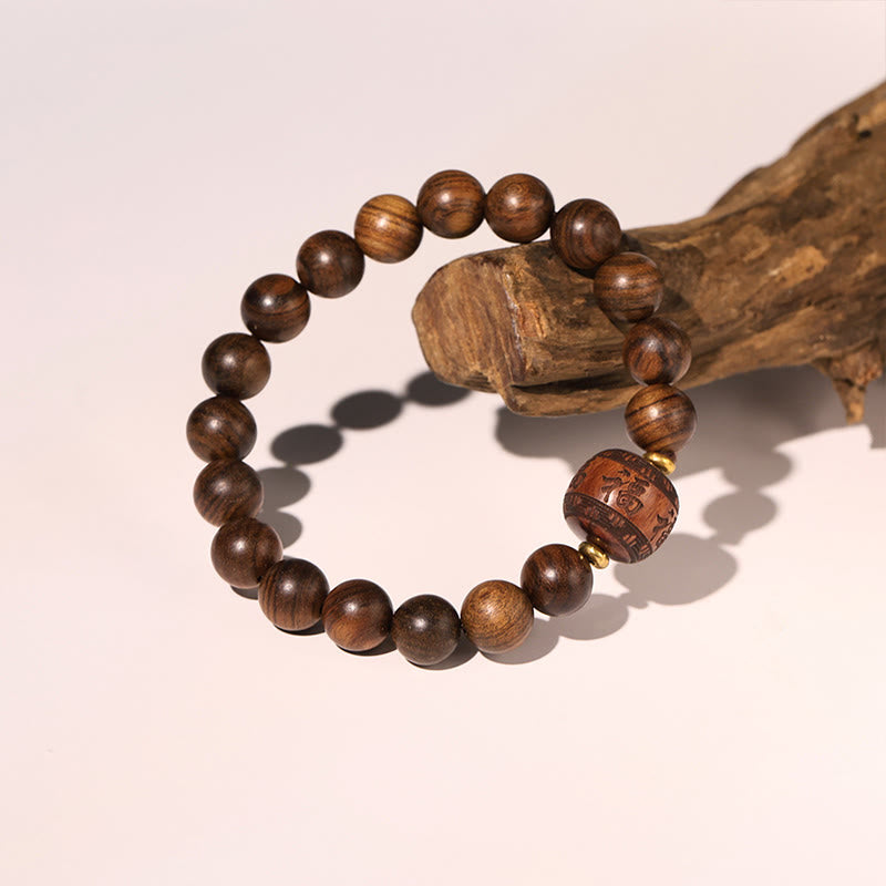 Buddha Stones Rosewood Auspicious Clouds Totem Fu Character Bamboo Pattern Warmth Bracelet Bracelet BS Fu Character(Wrist Circumference 14-16cm)