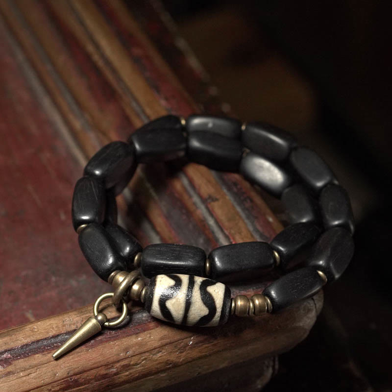 Buddha Stones Tibet Ebony Wood Dzi Bead Copper Balance Double Wrap Bracelet Bracelet BS 9