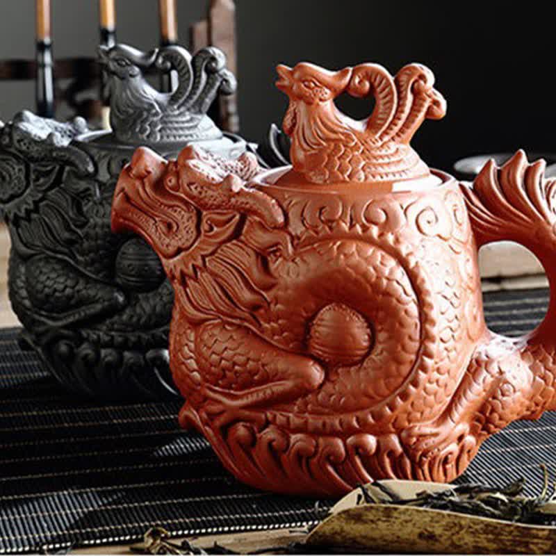 Buddha Stones Vintage Dragon Phoenix Ceramic Teapot Teapot BS 9