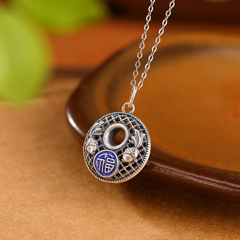 Buddha Stones 999 Sterling Silver Koi Fish Fu Character Lotus Peace Buckle Wealth Necklace Pendant Necklaces & Pendants BS 2