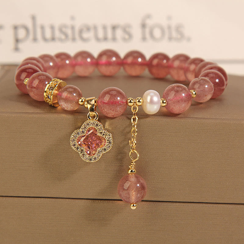 Foviel Strawberry Quartz Pearl Four Leaf Clover Charm Healing Bracelet