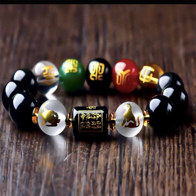 Buddha Stones Chinese Zodiac Feng Shui Obsidian Five-Element Wealth Porsperity Bracelet Bracelet BS 1
