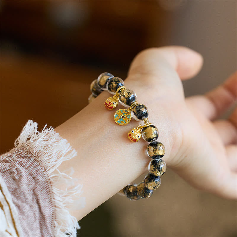 Buddha Stones Gold Swallowing Beast Copper Coin Good Luck Charm Liuli Glass Bead Fortune Bracelet Bracelet BS Black Liuli Glass Bead(Wrist Circumference 14-16cm)