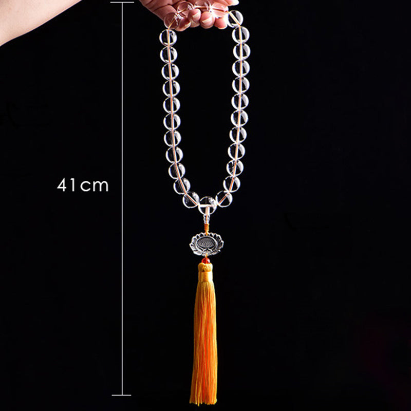 Buddha Stones Natural White Crystal Lotus Wrist Mala Meditation Tassels Pocket Mala Car Decoration Wrist Mala&Decorations BS 6