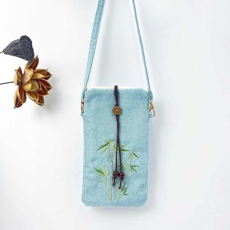 Buddha Stones Small Embroidered Flowers Crossbody Bag Shoulder Bag Cellphone Bag 11*20cm Crossbody Bag BS Light Green Bamboo 11*20cm