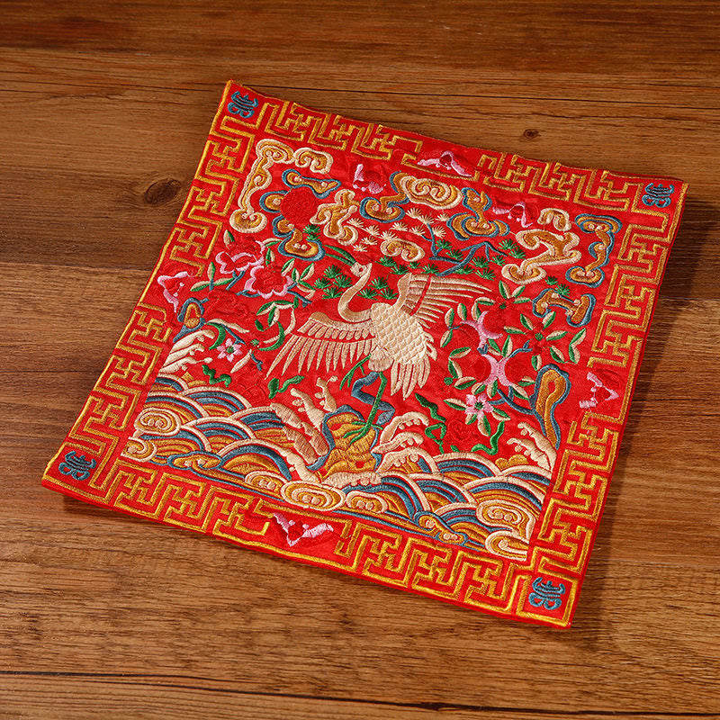 Buddha Stones Crane Phoenix Dragon Kirin Embroidered Cup Mat Pad Tea Cup Coaster Square Kung Fu Tea Mat Tea Mat BS Red Crane