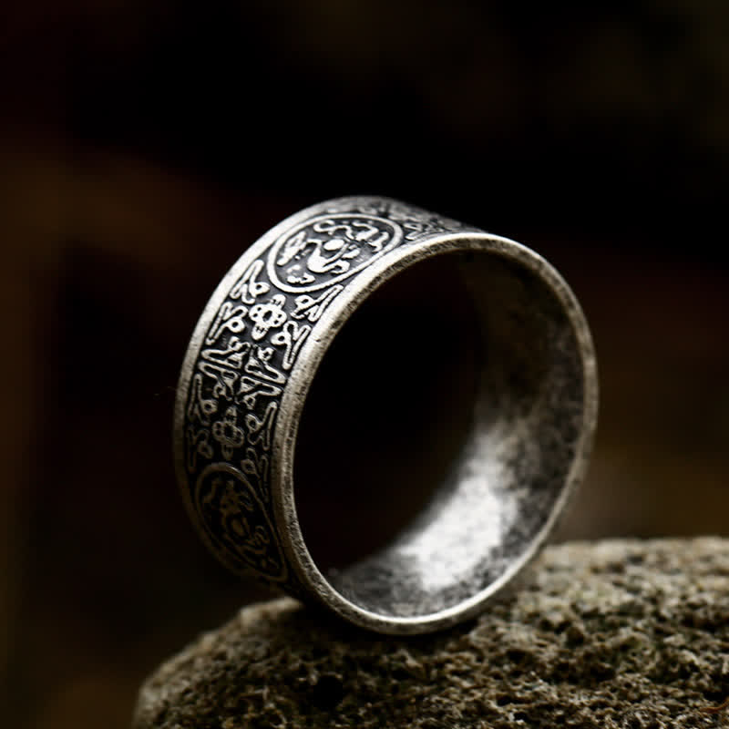 Buddha Stones Four Guardian Beast Dragon White Tiger Suzaku Basalt Carved Success Luck Ring Ring BS Ancient Silver US13