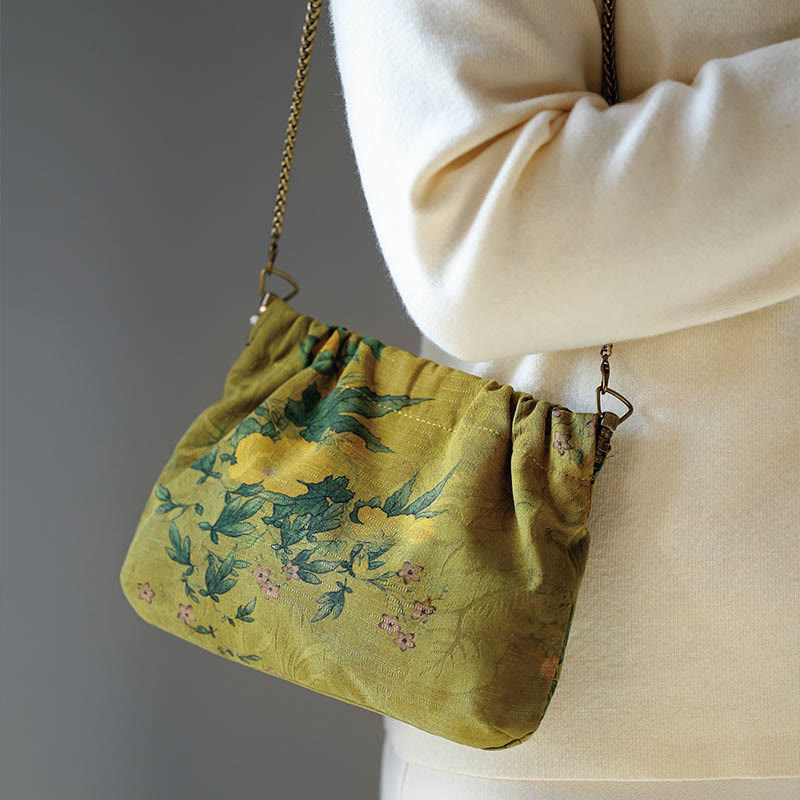 Buddha Stones Yellow Green Flower Black Persimmon Metal Chain Crossbody Bag Shoulder Bag Handbag Crossbody Bag BS Yellow Green Flower 16*22*4cm