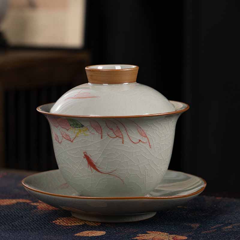 Buddha Stones Lotus Koi Fish Pod Leaf Ceramic Gaiwan Sancai Teacup Kung Fu Tea Cup And Saucer With Lid 140ml Cup BS Pink Lotus Koi Fish 11.5cm*9.5cm*140ml