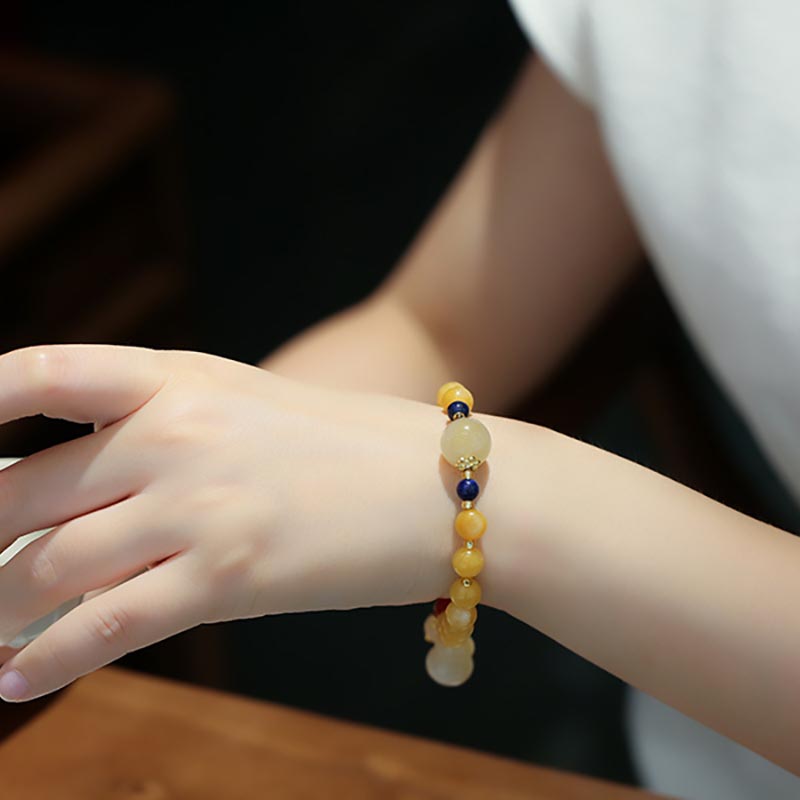 Buddha Stones Natural Golden Silk Jade Gourd Charm Wealth Luck Bracelet Bracelet BS 7