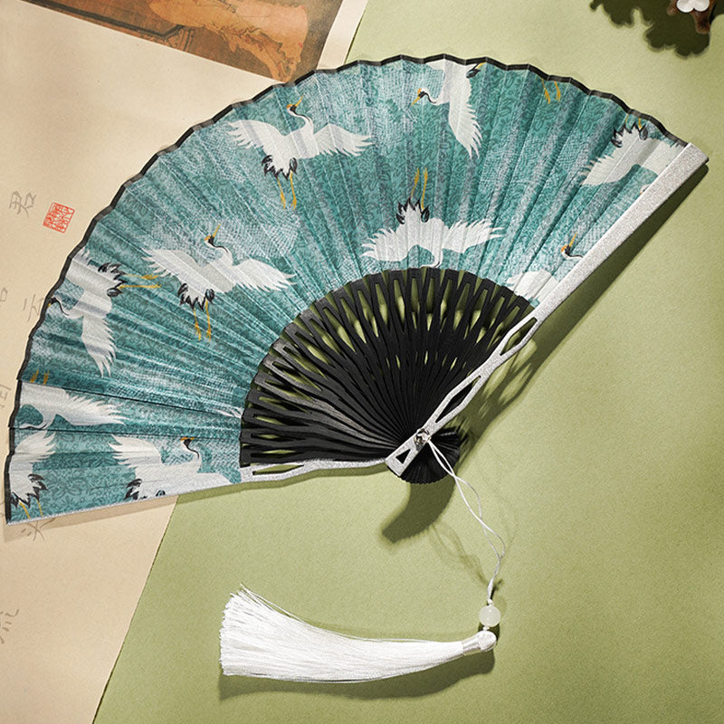 Buddha Stones Vintage Blue White Crane Pattern Handheld Silk Bamboo Folding Fan Folding Fan BS 1