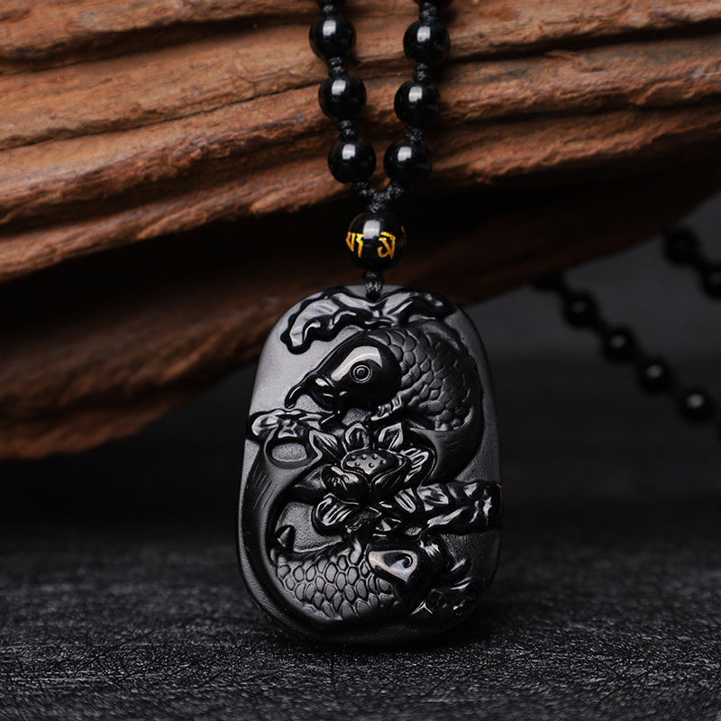Buddha Stones Natural Black Obsidian Koi Fish Lotus Strength Beaded Necklace Pendant Necklaces & Pendants BS 1