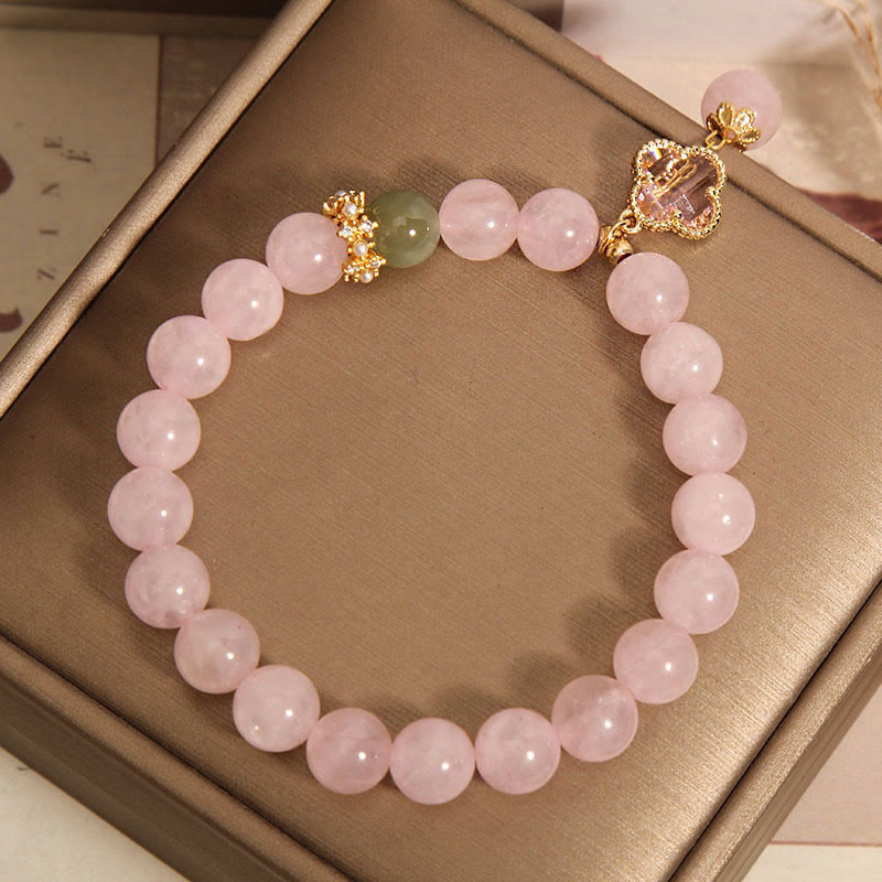 Buddha Stones Natural Pink Crystal Four Leaf Clover Soothing Bracelet Bracelet BS 7