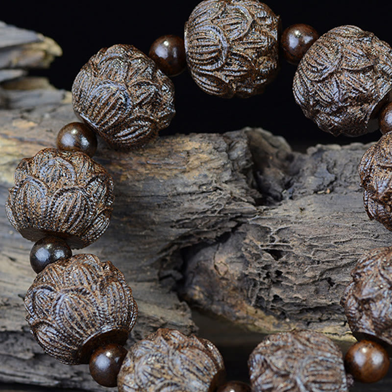 Buddha Stones Ebony Wood Eighteen Arhats Lotus Dragon Engraved Balance Bracelet Bracelet BS 5