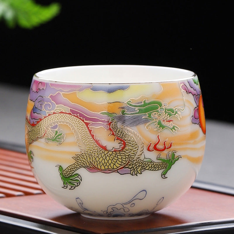 Buddha Stones Dragon Phoenix Auspicious Clouds Sun Ocean Waves Ceramic Teacup Kung Fu Tea Cup Cup BS 7cm*6.1cm*140ml Dragon