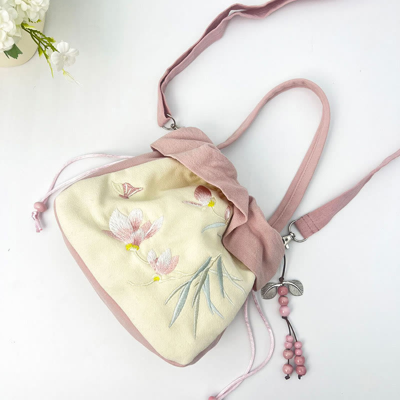 Buddha Stones Suzhou Embroidery Lotus Epiphyllum Magnolia Cotton Linen Tote Crossbody Bag Shoulder Bag Handbag Crossbody Bag BS 23