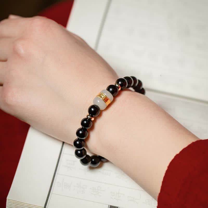 Buddha Stones Black Obsidian Jade Om Mani Padme Hum Strength Couple Magnetic Bracelet Bracelet BS 3