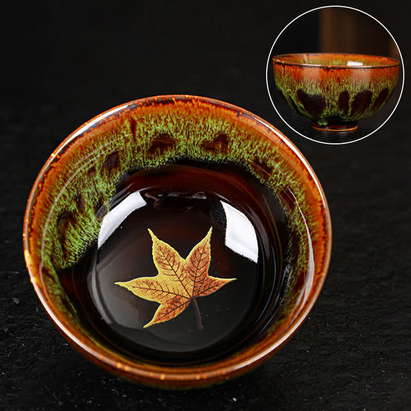 Buddha Stones Maple Leaf Colorful Ceramic Teacup Home Tea Cups Cup BS 8.5cm*4.5cm*120ml Green