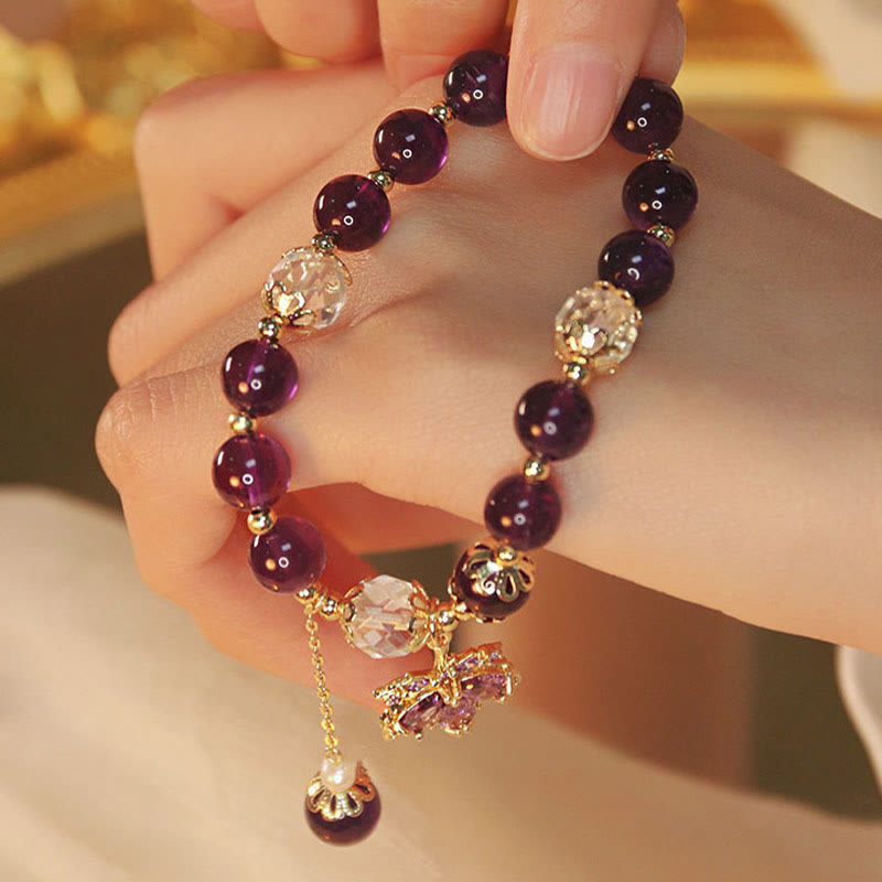 Buddha Stones 14k Gold Plated Natural Amethyst Healing Maple Leaf Charm Bracelet Bracelet BS 5