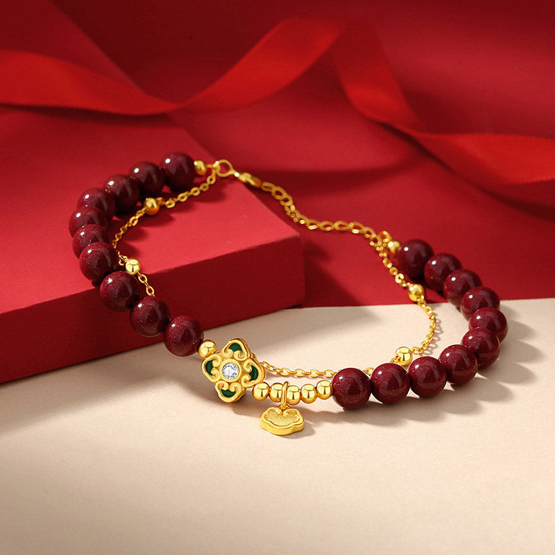 Buddha Stones 925 Sterling Silver Natural Cinnabar Four Leaf Clover Flower Blessing Chain Bracelet Bracelet BS 2