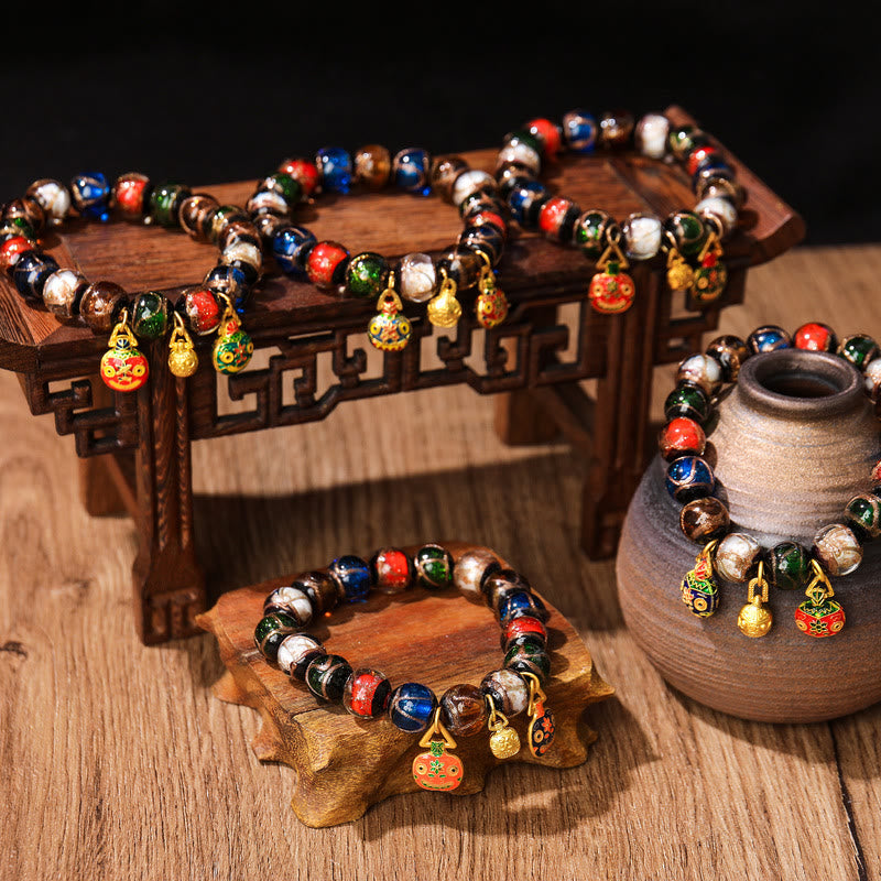 Buddha Stones Five Elements Gold Swallowing Beast Family Charm Liuli Glass Bead Luck Bracelet Bracelet BS main