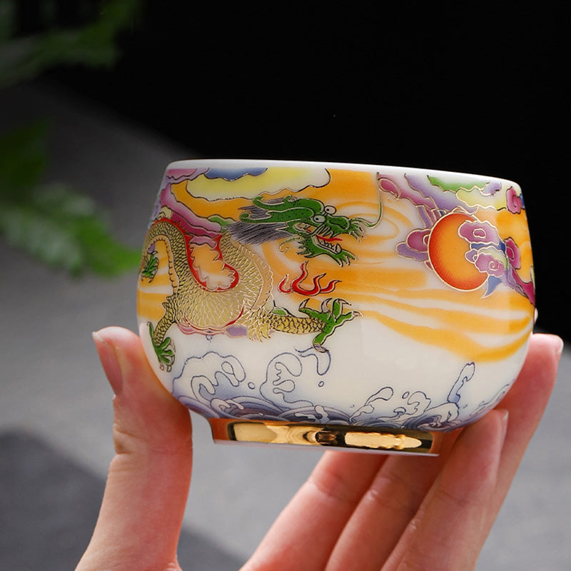 Buddha Stones Dragon Phoenix Auspicious Clouds Sun Ocean Waves Ceramic Teacup Kung Fu Tea Cup Cup BS 3
