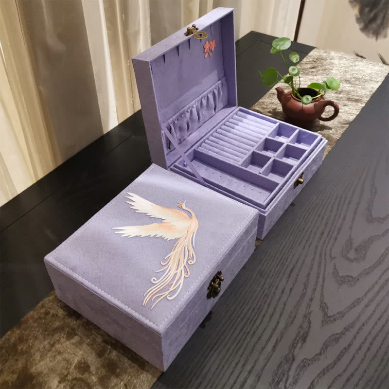 Buddha Stones Purple Phoenix Jewelry Box Organizer Two-Layer Jewelry Storage Box Flannel Box Jewelry Box BS Phoenix 23cm*19cm*9cm