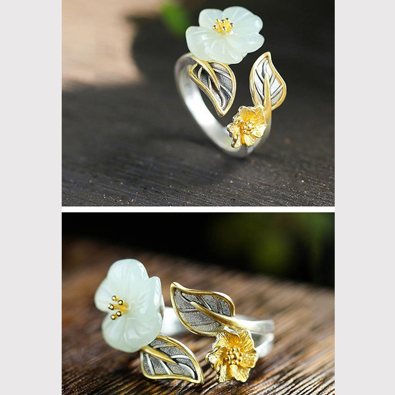 Buddha Stones 925 Silver Plated Copper White Jade Plum Flower Leaf Luck Ring Rings BS 8