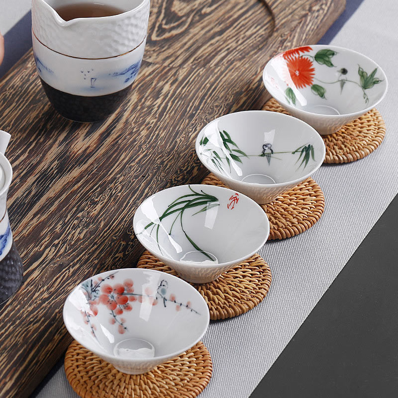 Buddha Stones Vintage Plum Orchid Bamboo Chrysanthemum Lotus Koi Fish Ceramic Teacup Kung Fu Tea Cups Cup BS main