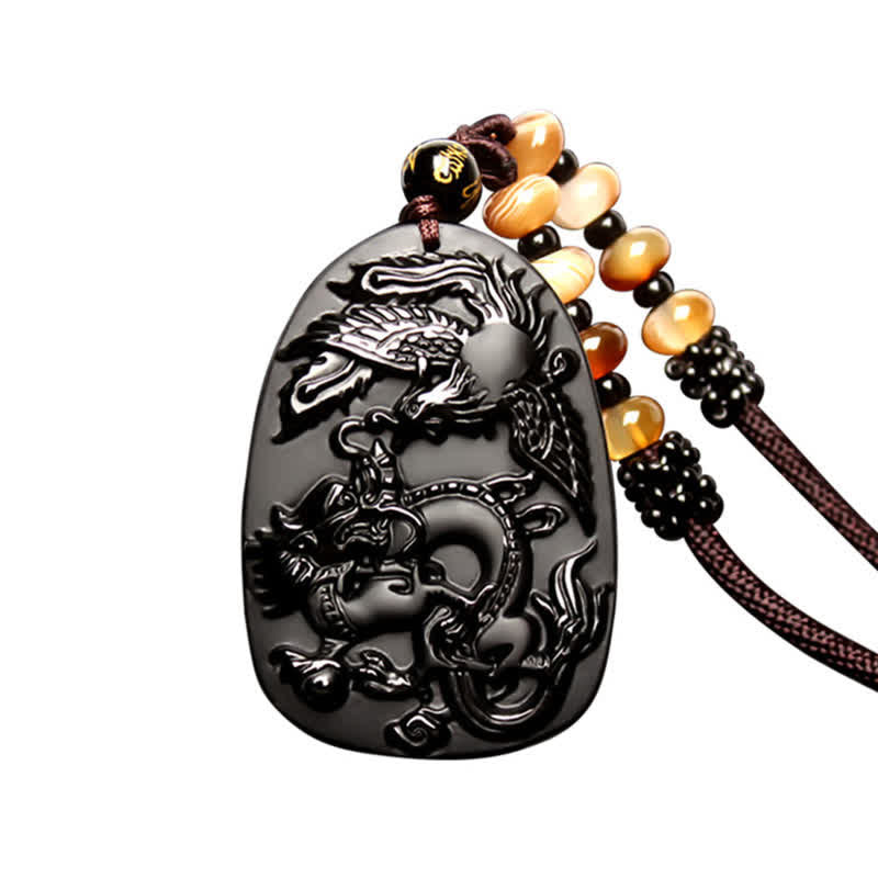 Buddha Stones Black Obsidian Tiger Eye Dragon Phoenix Protection Beaded Necklace Pendant Necklaces & Pendants BS 6
