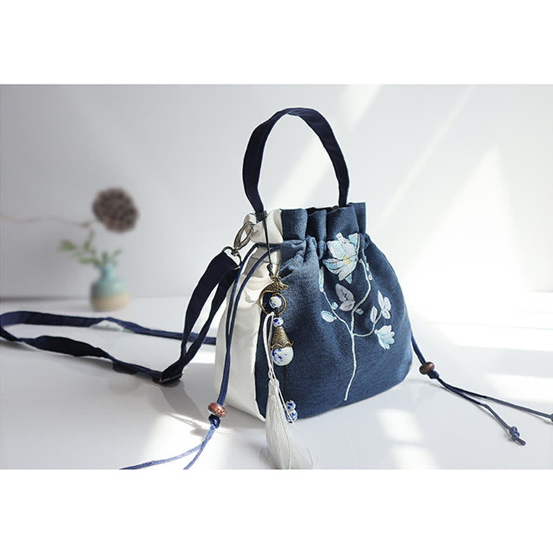 Buddha Stones Handmade Embroidered Flowers Canvas Tote Shoulder Bag Handbag Bag BS 21