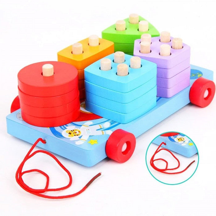Fidtoy Wooden Geometric Shape Sorter Pull Car with 20 Colorful Blocks and Stacking Board for Toddlers 24+ Months