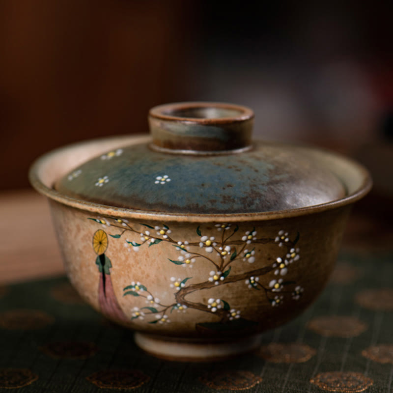 Buddha Stones Jingdezhen Hand Painted Ru Kiln Porcelain Hanfu Girl Flower Ceramic Gaiwan Sancai Teacup Kung Fu Tea Cup And Saucer With Lid Cup BS 1