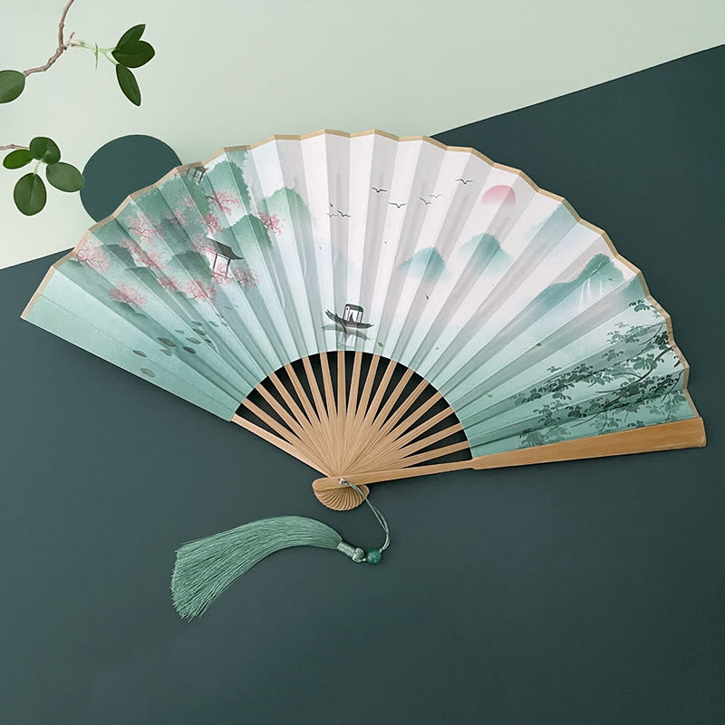 Buddha Stones Retro Lotus Flower Leaf Mountain Lake Handheld Folding Fan With Bamboo Frames Folding Fan BS Boat Lake Landscape Brown Bamboo Frames