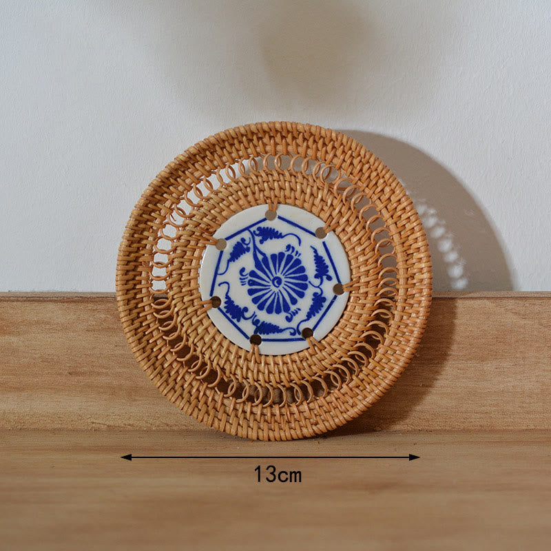 Buddha Stones Ceramic Flower Pattern Rattan Cup Mat Tea Cup Coaster Decorations BS 13 cm Ceramic Coaster