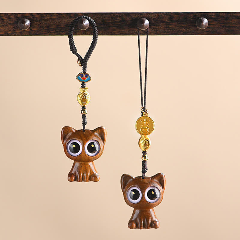 Buddha Stones Green Sandalwood Lucky Cat Koi Fish Cure Key Chain Phone Hanging Decoration Key Chain BS main