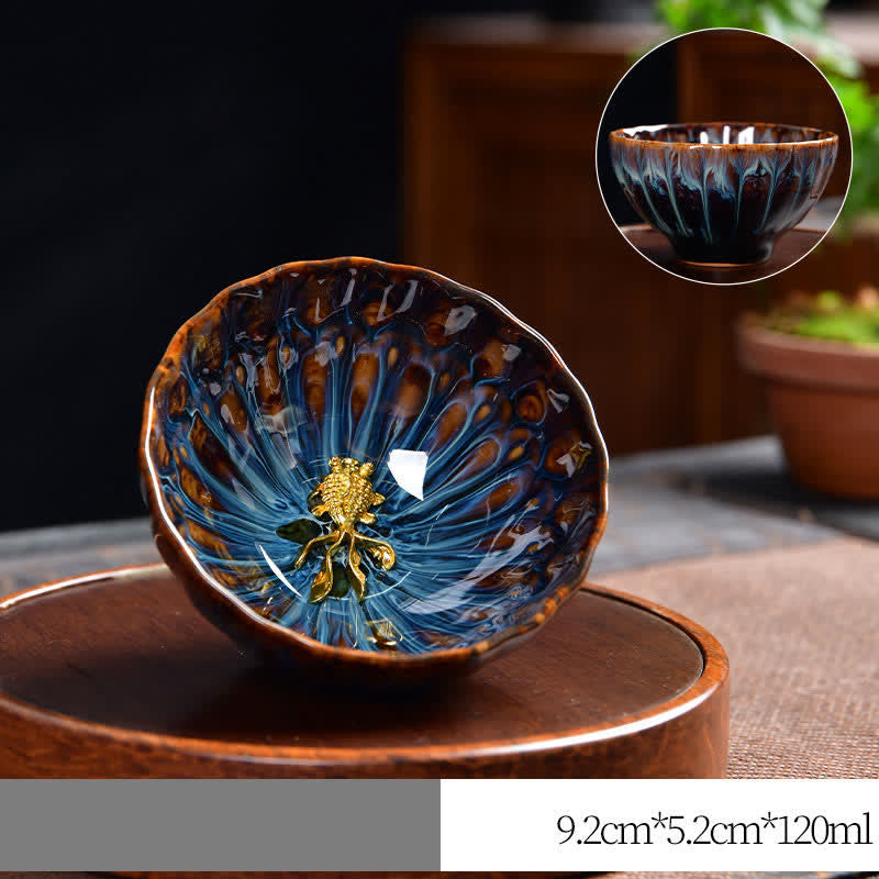 Buddha Stones Lotus Peacock Dragon Phoenix Koi Fish Ceramic Teacup Inlaid Tea Cups 120ml - Gold - Koi Fish - image 15