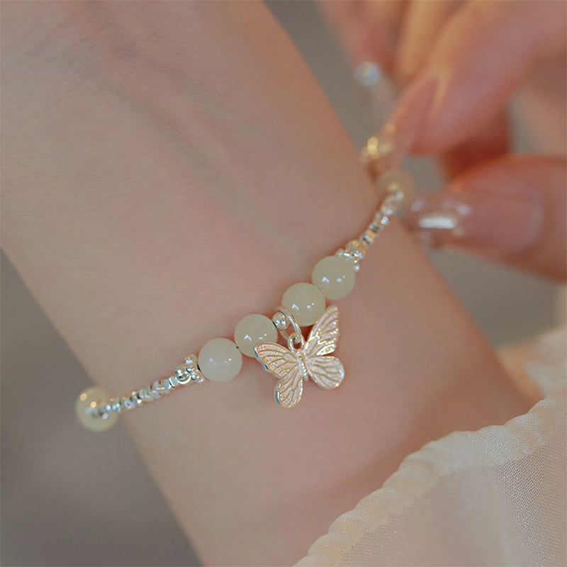 Buddha Stones 925 Sterling Silver Natural Hetian Jade Luck Butterfly Charm Bracelet Bracelet BS Hetian Jade(Wrist Circumference 14-16cm)